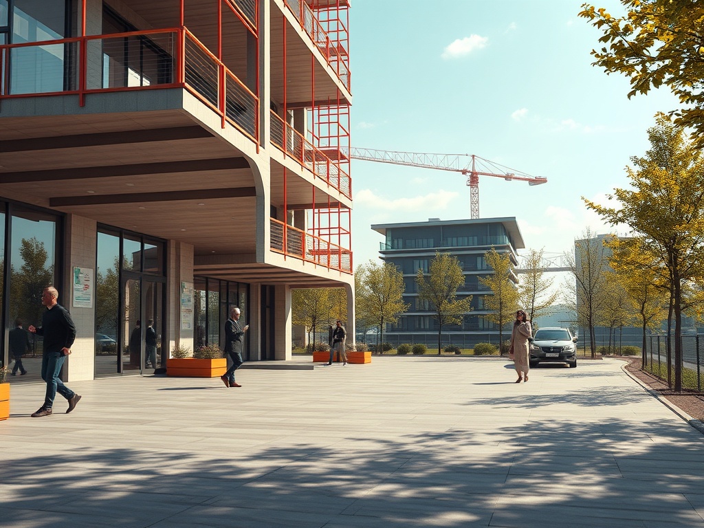 Современное здание с людьми на улице, строительный кран и деревья в окружении. Ясная погода.