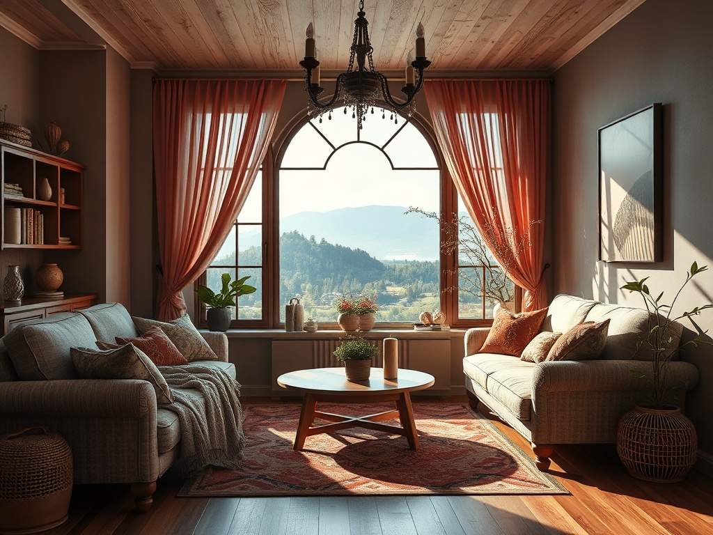 Уютная гостиная с мягкой мебелью, большим окном и видом на горы, оформленная в теплых тонах.