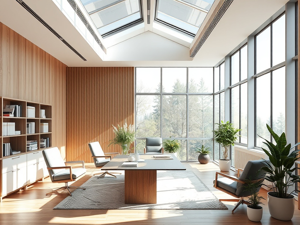 Современный офис с большими окнами, столом и удобными креслами, окружённый зелёными растениями.