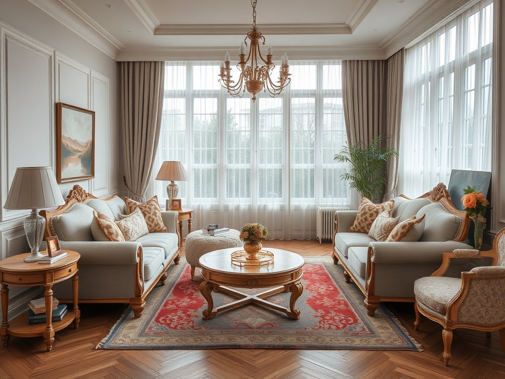 Светлая гостиная с большими окнами, стилизованная мебелью и красивым ковром на деревянном полу.