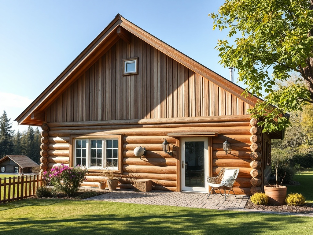 Деревянный дом с угловыми окнами, рядом зеленая лужайка и цветущие растения, солнечный день.