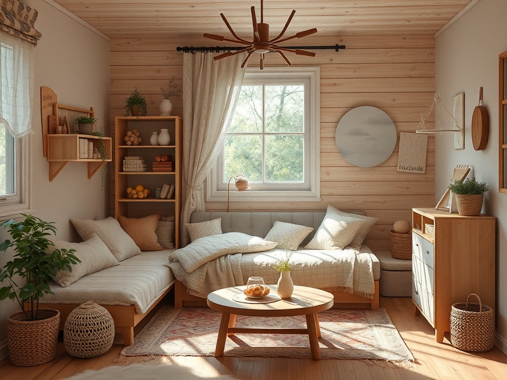 Светлая и уютная гостиная с деревенским декором, комфортным диваном и большой窗户.