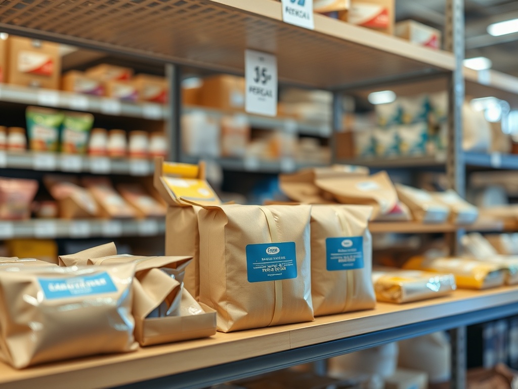 На полках магазина упакованные продукты в бумажных пакетах с ярлыками.