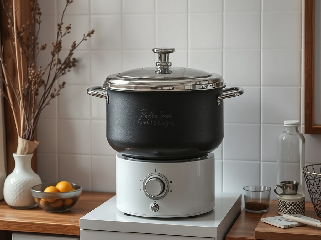 Кастрюля на плите в уютной кухне, рядом с вазой с сушеными цветами и миской с апельсинами.