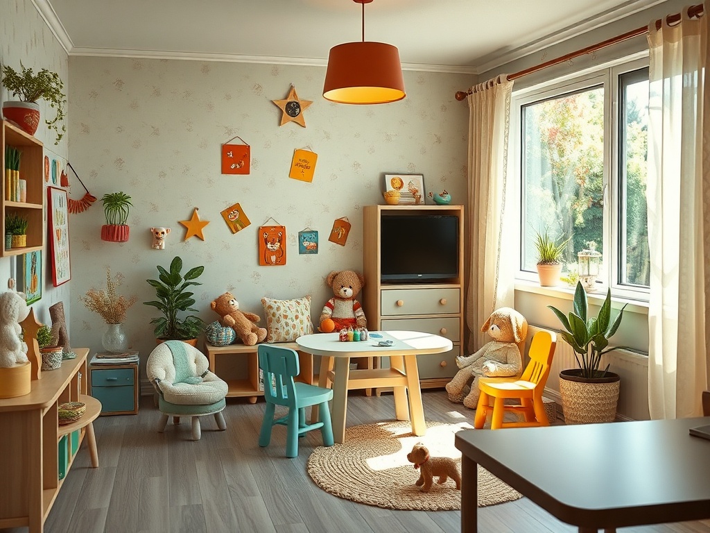 Светлая детская комната с игрушками, уютной мебелью и комнатными растениями у окна.