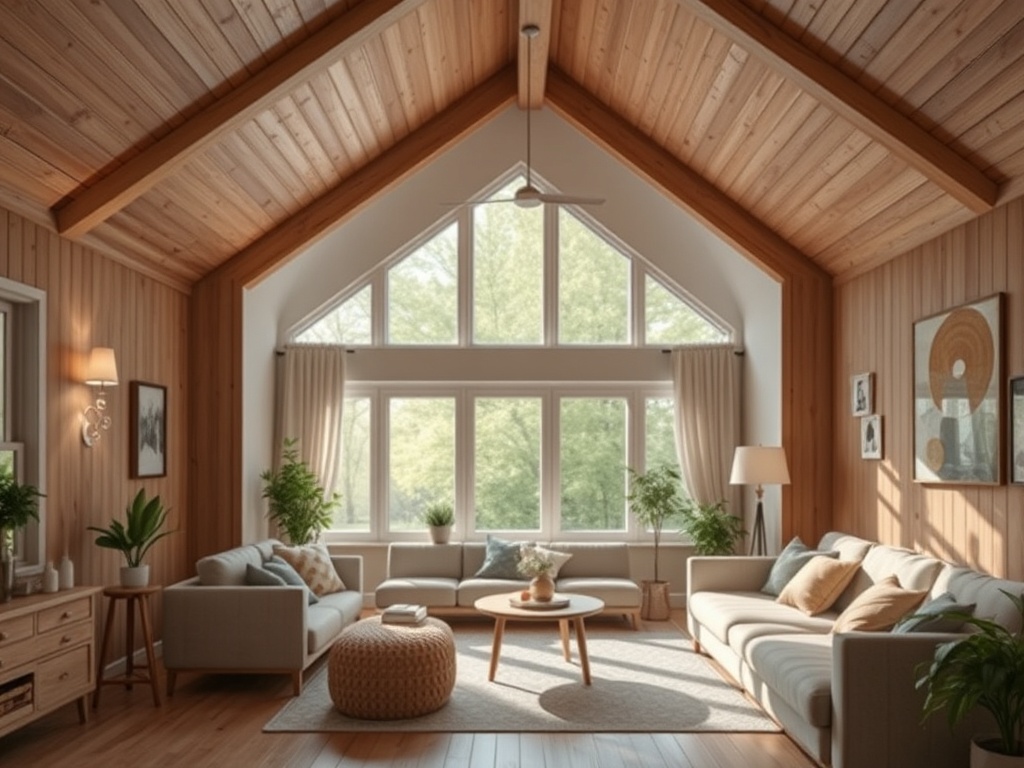 Светлая гостиная с деревянными стенами и большими окнами, наполненная растениями и уютной мебелью.