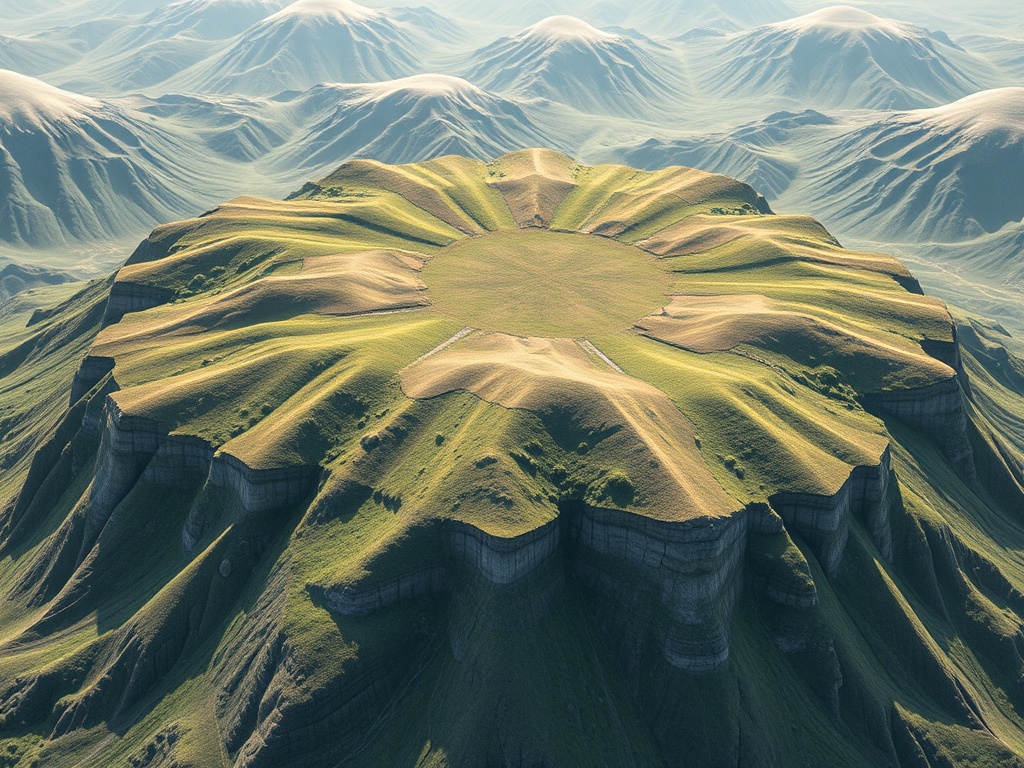 На изображении видно окружность холмов с горизонтальными слоями, напоминающая природную аренную форму.