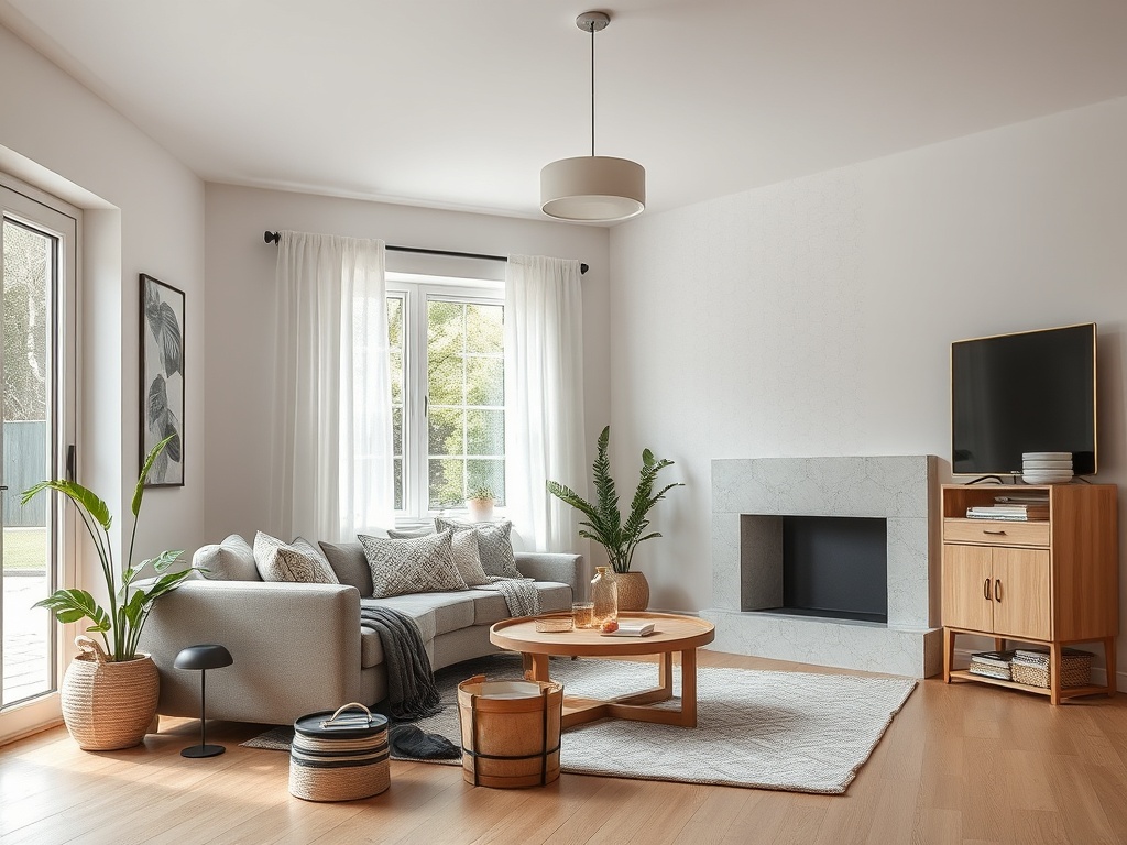 Современный светлый интерьер гостиной с диваном, столом и телевизором у стены. Зеленые растения добавляют уют.