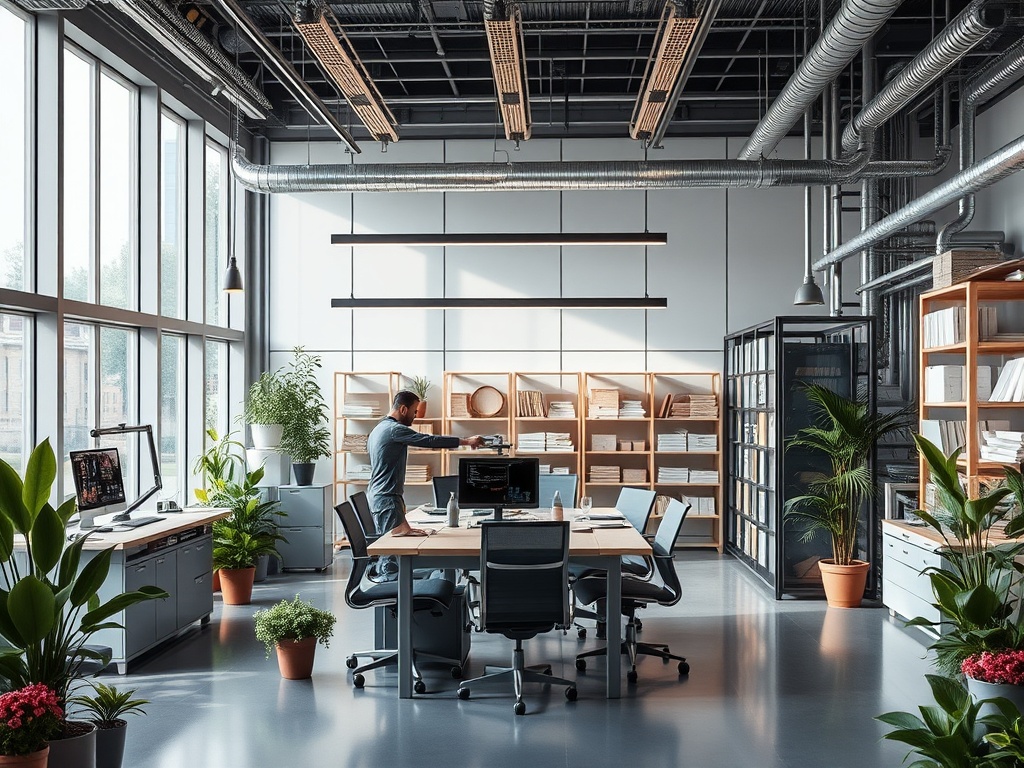 Современный офис с большими окнами, растениями и рабочим местом, где мужчина организует документы.