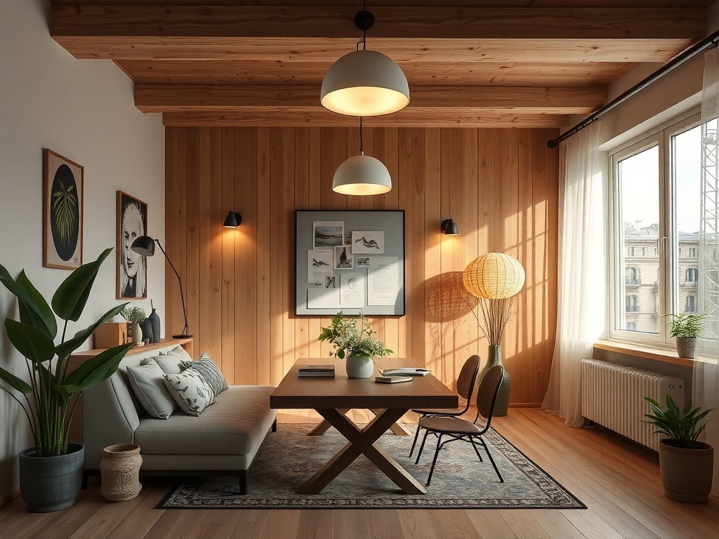 Современная гостиная с деревянными стенами, уютной мебелью и зелеными растениями. Мягкий свет и стильный декор.