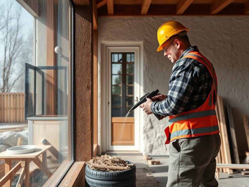 Рабочий в жилом помещении в каске и жилете, держит инструмент и смотрит в окно. Строительные материалы вокруг.