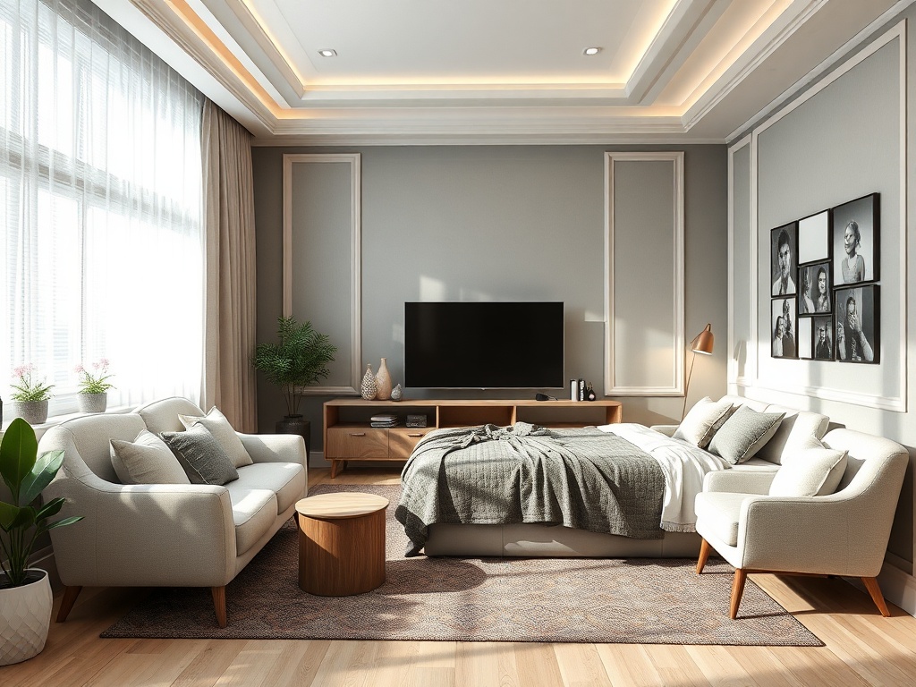 Современный интерьер комнаты с диваном, телевизором и декором в нейтральных тонах. Уютная атмосфера.