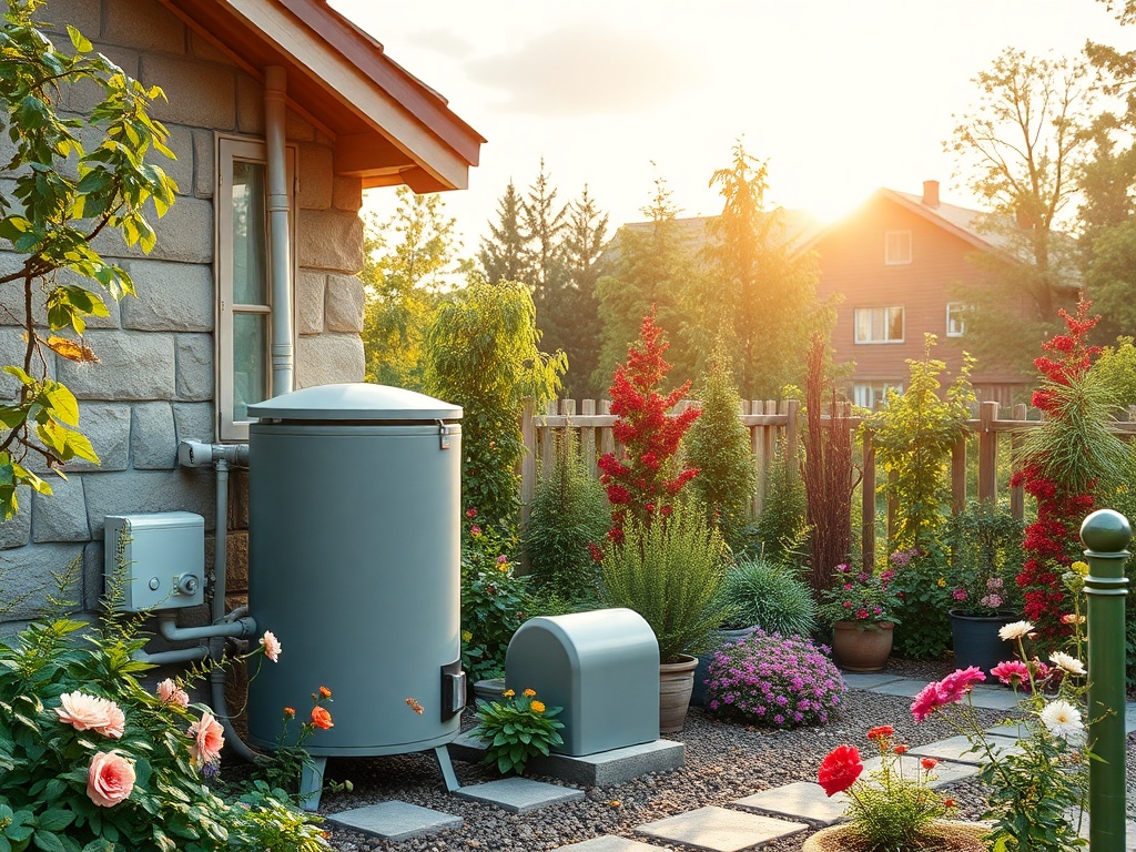 Солнечный сад с цветами и садовыми постройками рядом с домом. Уютная атмосфера загородной жизни.