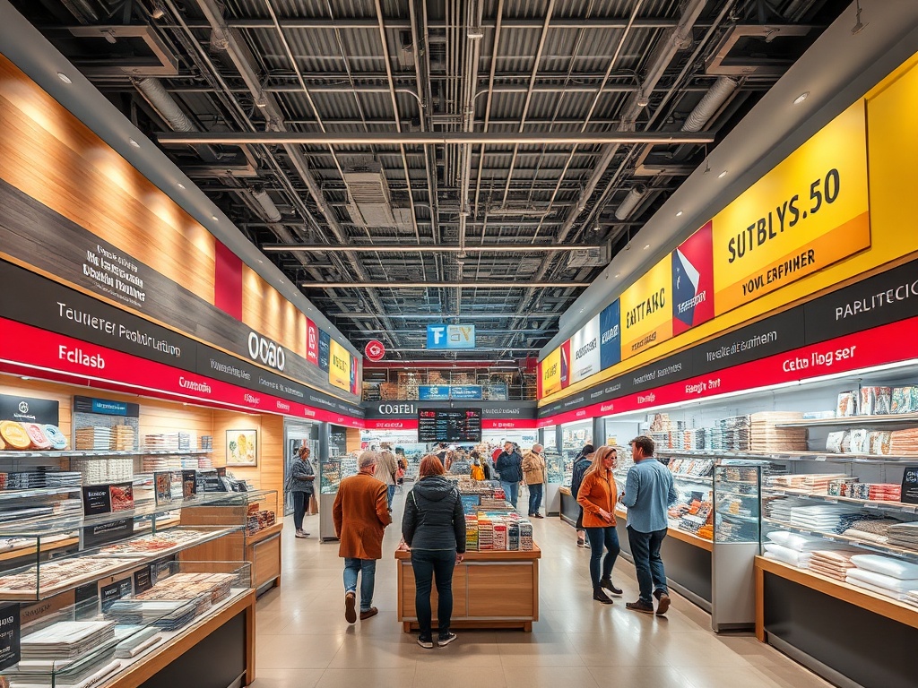 Уютный магазин с полками, заполненными товарами, и людьми, просматривающими ассортимент.