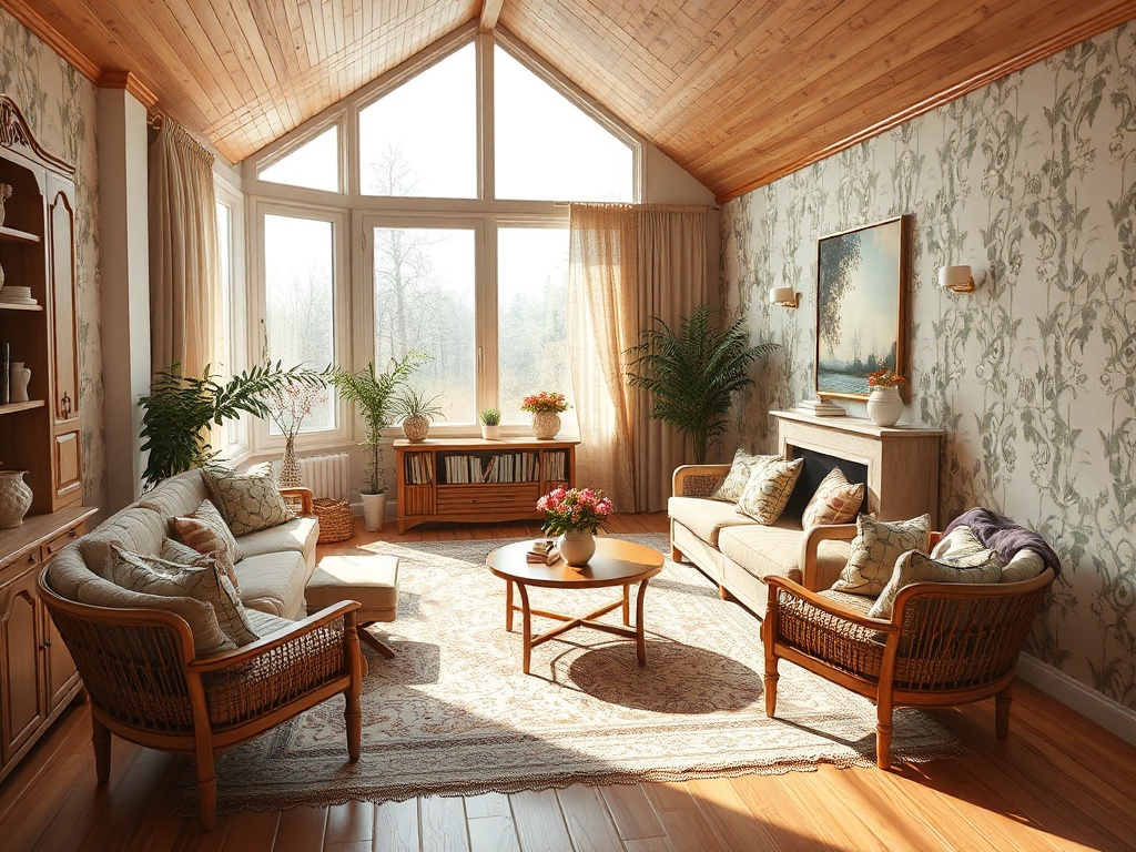 Светлая гостиная с большими окнами, мягкой мебелью и зелеными растениями в уютном интерьере.