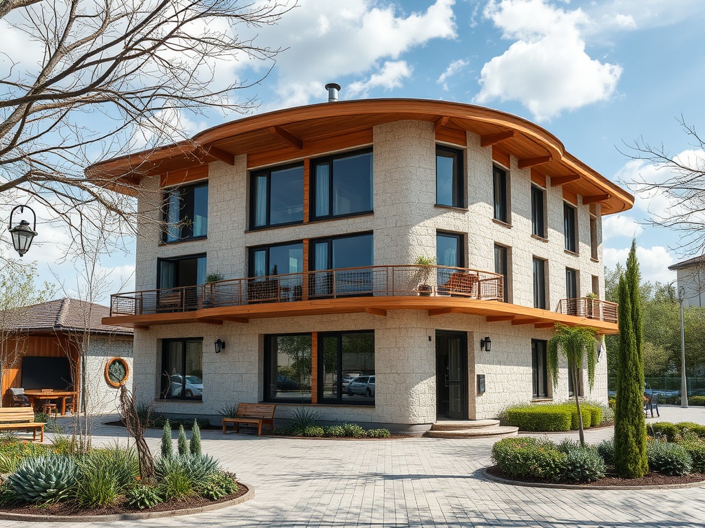 Современный дом с деревянной крышей и большими окнами, окруженный зелеными насаждениями и симпатичным садом.