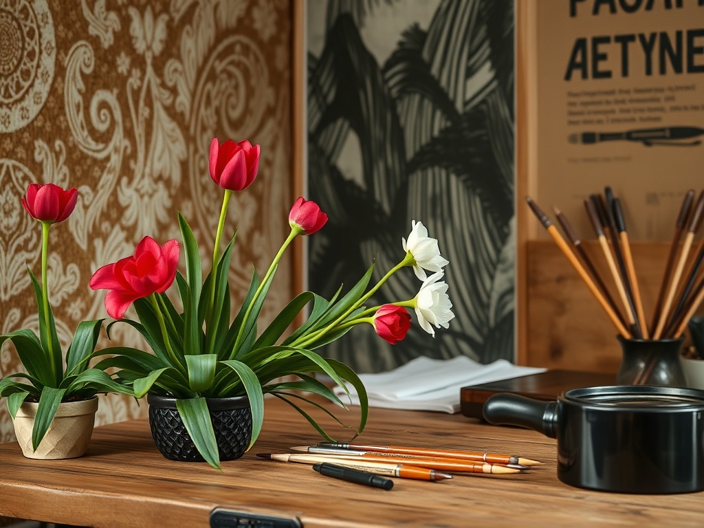 На столе находятся красные и белые тюльпаны, карандаши и чашка на фоне декоративной стены.