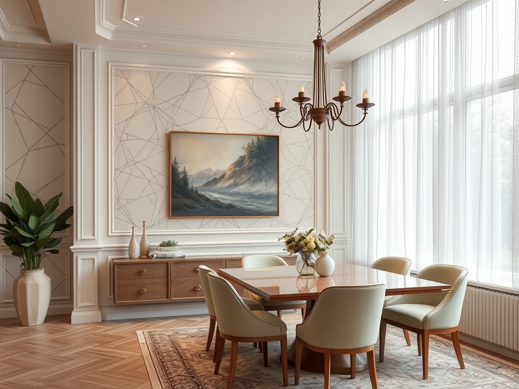 Современный уютный интерьер столовой с большим окном, светильником и живописным пейзажем на стене.