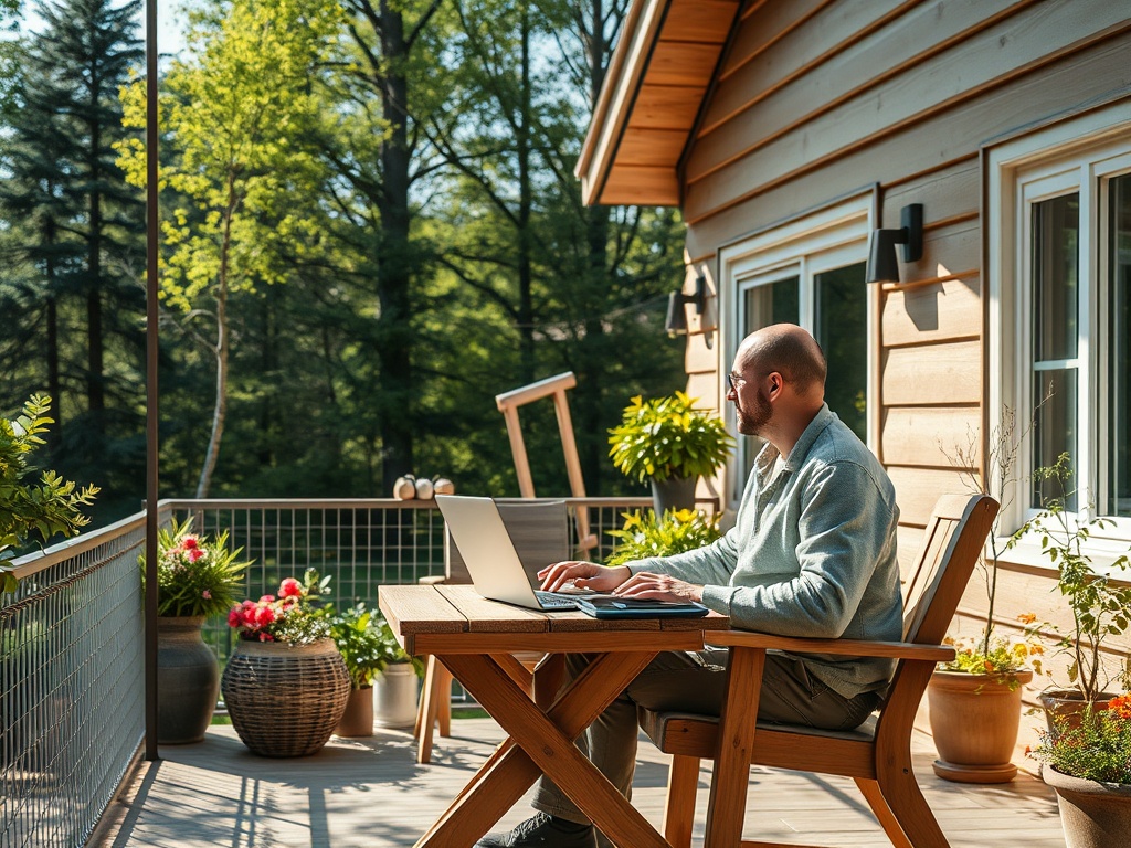 Мужчина работает на ноутбуке на террасе, окружённый зеленью и цветами, под солнечным светом.
