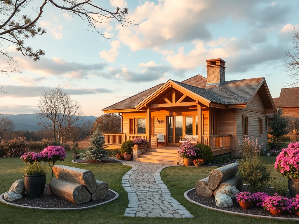 Уютный деревянный дом с красивым садом, каменной дорожкой и цветами на фоне живописного пейзажа.