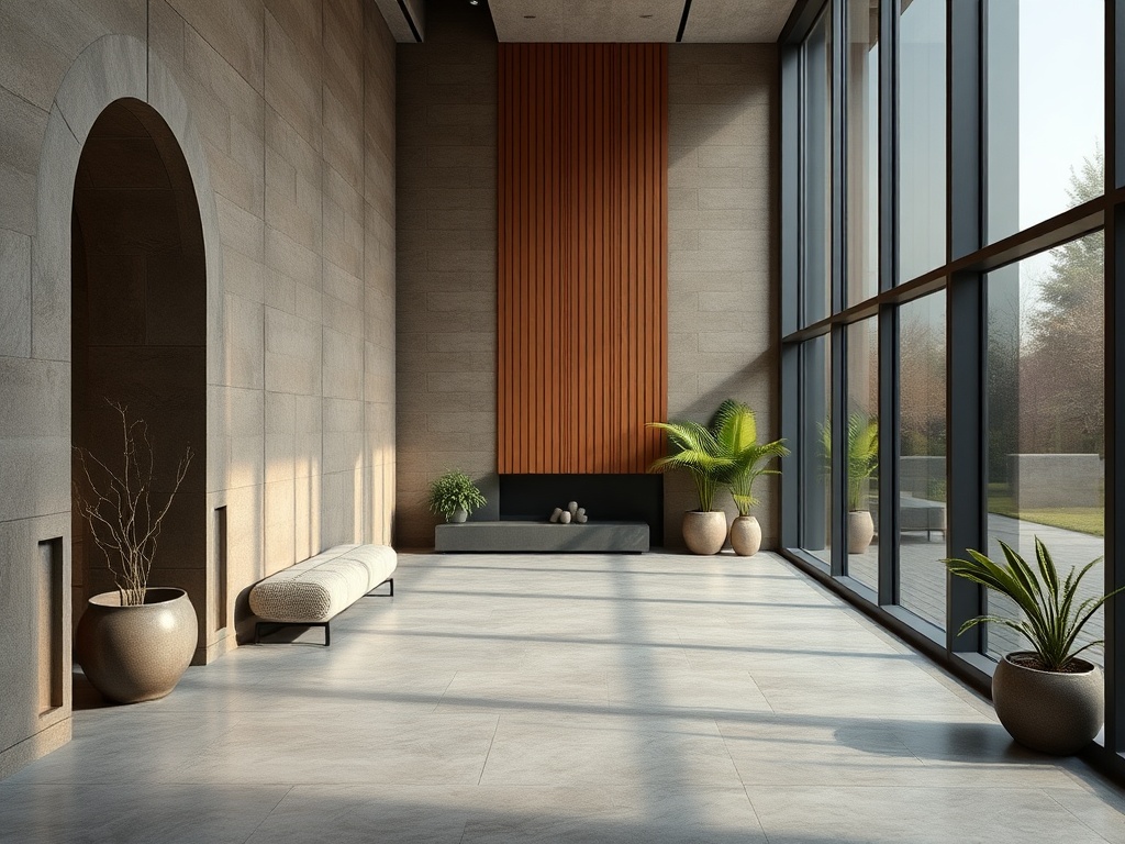 Светлое и современное помещение с большими окнами и зелеными растениями, уютная обстановка.