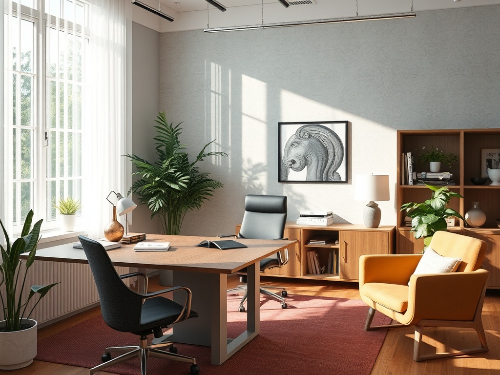 Современный офис с уютной обстановкой, деревянной мебелью и зелеными растениями на фоне светлого окна.
