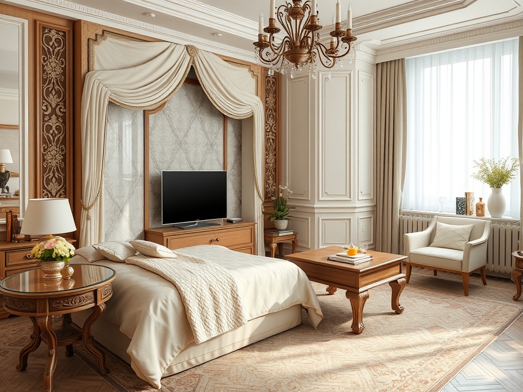 Современная спальня с телевидением, уютной кроватью и элегантной мебелью, обильно освещенная натуральным светом.