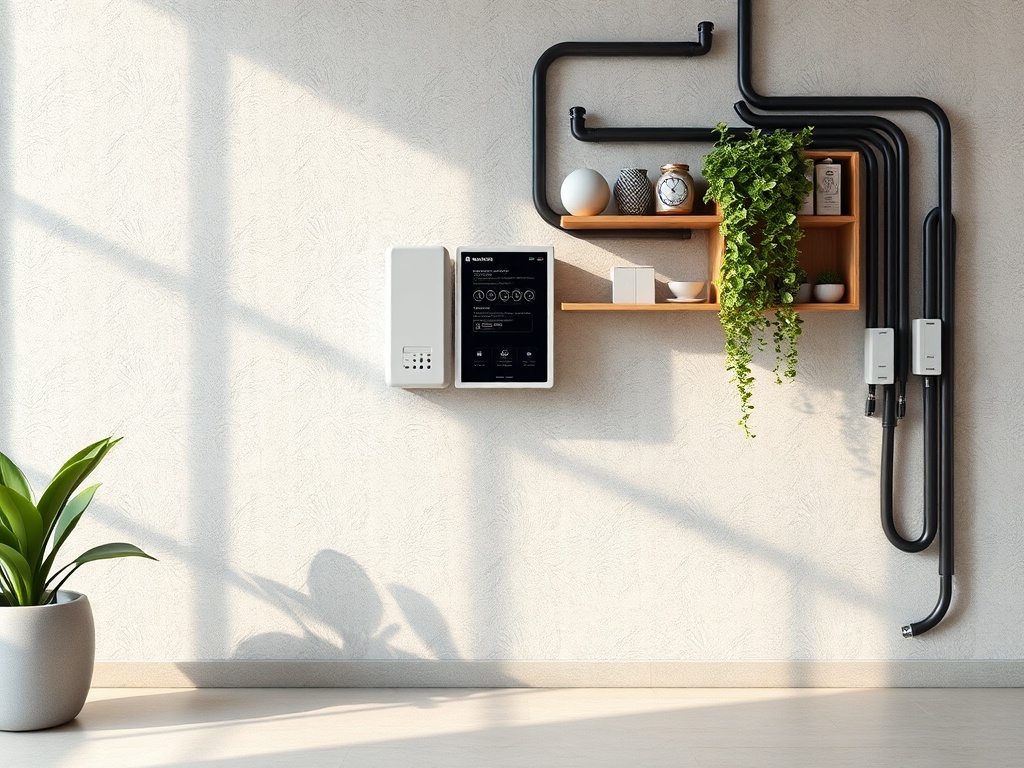 Современная стена с монтажом, растениями и полками, на которых стоят декоративные предметы.