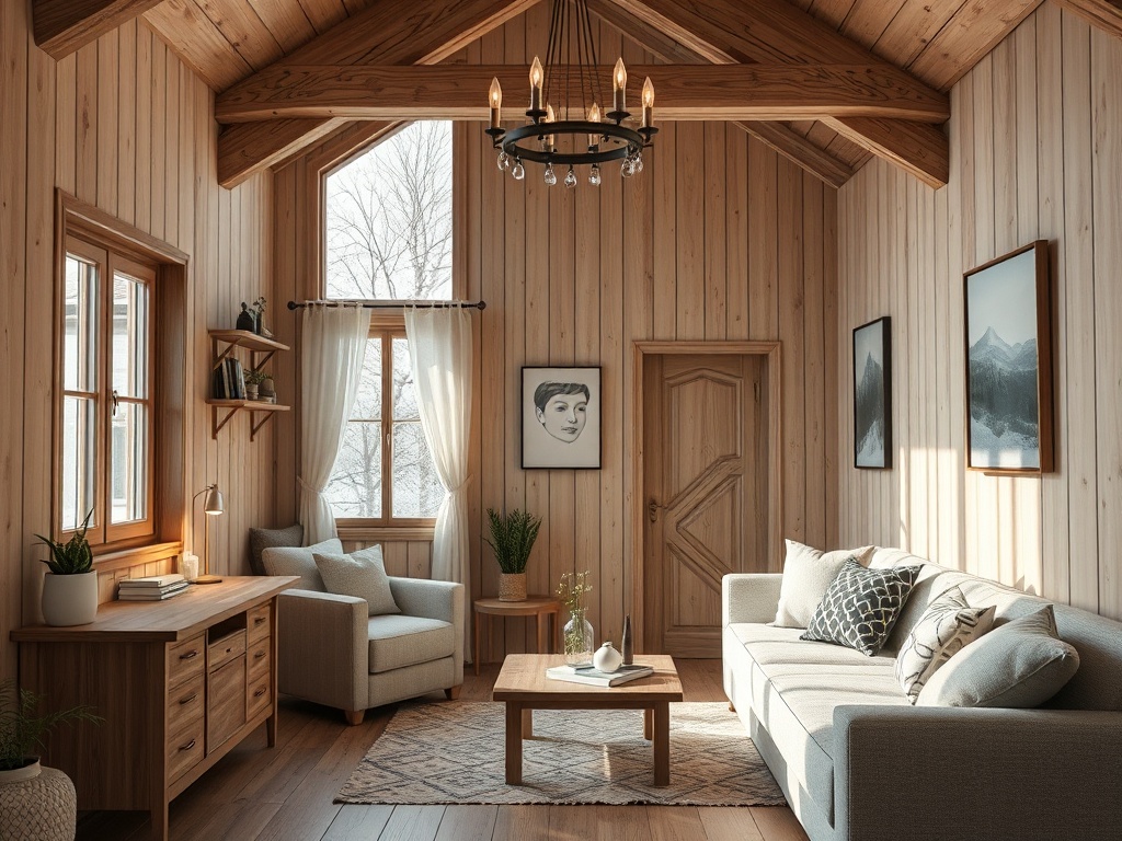 Современный уютный интерьер с деревянными стенами, светлыми шторами и уютной мебелью.