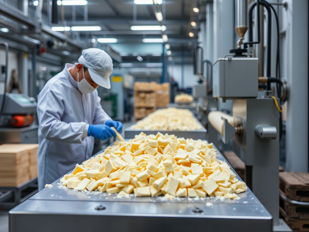 Рабочий в маске и перчатках сортирует сыр на производственной линии в современном заводе.