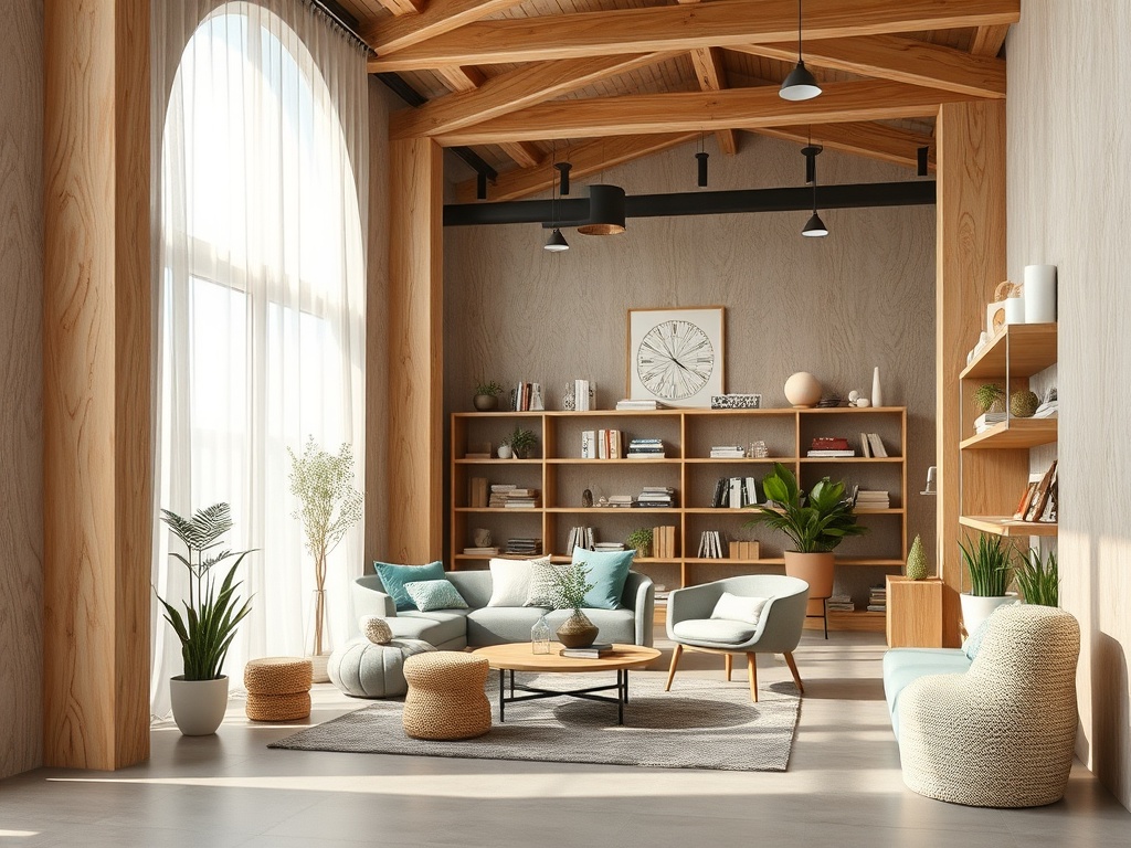 Современный светлый интерьер с деревянными элементами, мягкой мебелью и растениями в уютной обстановке.