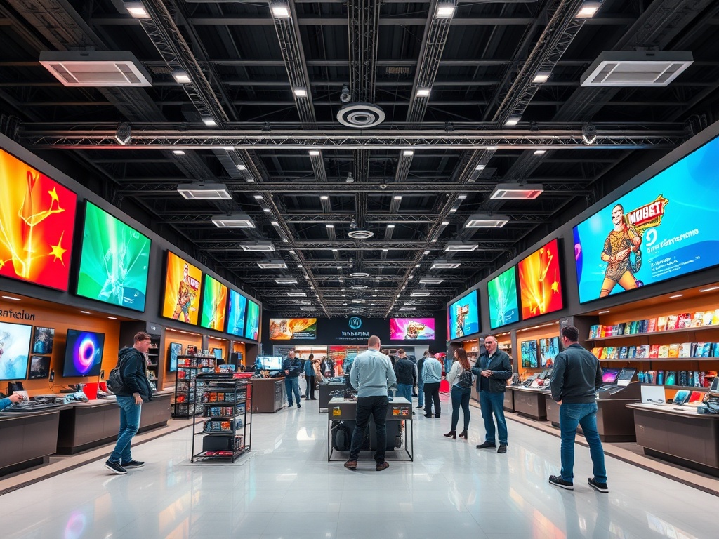 Магазин электроники с яркими экранами и покупателями, выбирающими товары. Сов现代ный интерьер.