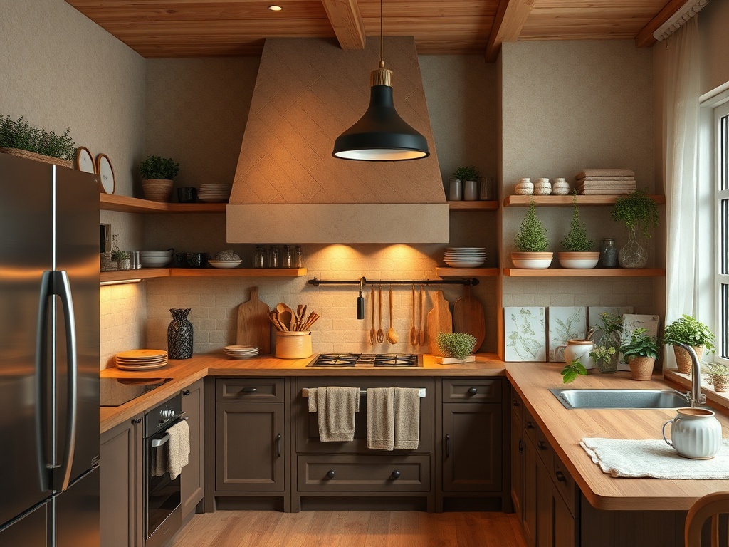 Современная кухня с деревянными полками, плитой и множеством зелёных растений на столах и окнах.