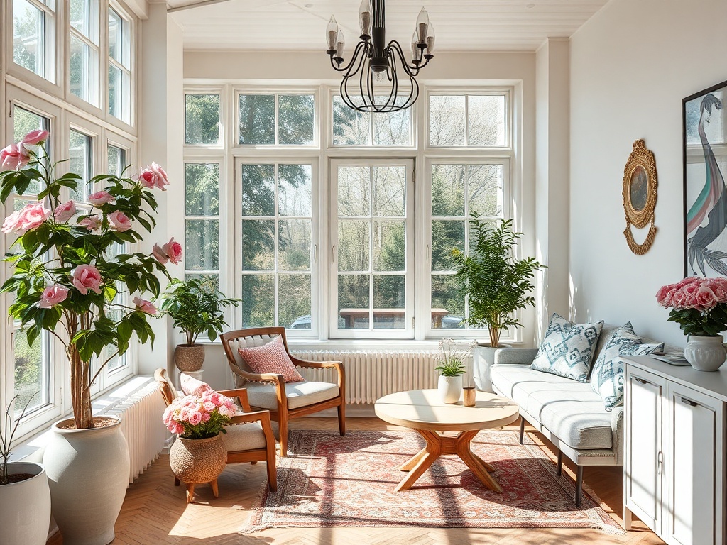 Светлая гостиная с большими окнами, растениями, уютной мебелью и красивым декором.