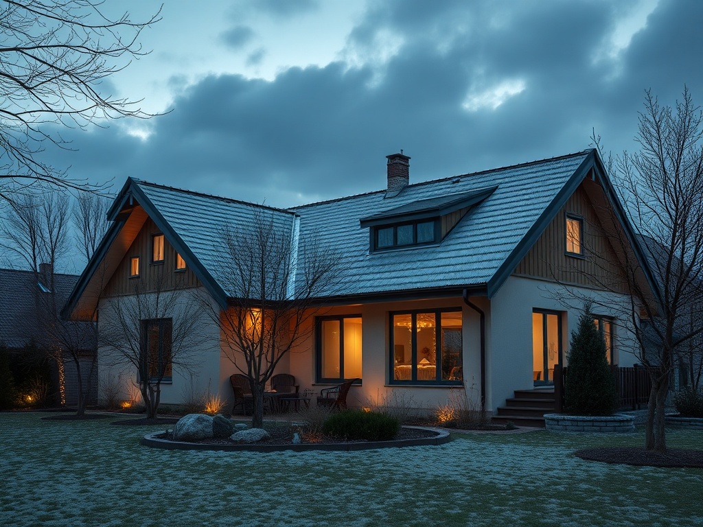 Современный дом с крышей из черепицы, уютно освещённый вечером, окружённый ветвями деревьев.