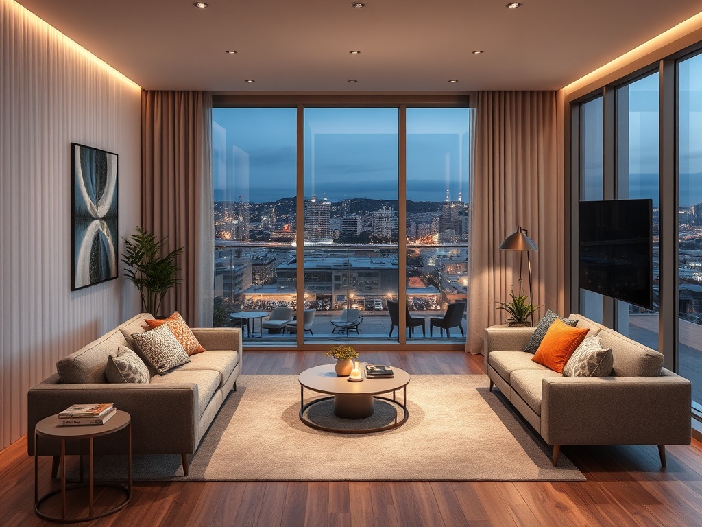 Современная гостиная с панорамными окнами и видом на город, уютная мебель и теплое освещение.