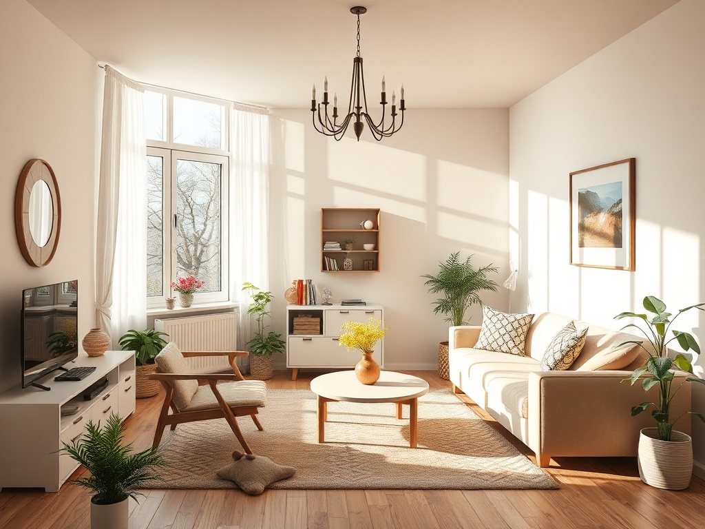 Уютная гостиная с диваном, растениями и большим окном, залитым светом. Стильный интерьер и деревянный пол.