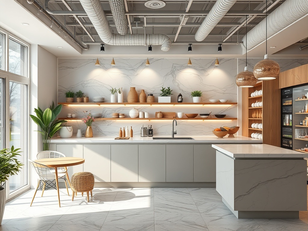 Современная кухня с натуральными материалами, столиком и открытыми полками для посуды и декора.