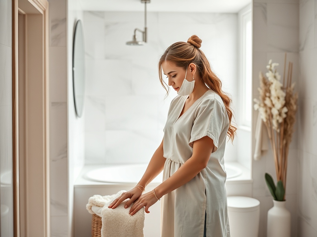 Женщина в ванной, одетая в халат, аккуратно расправляет полотенце, готовясь к процедуре.