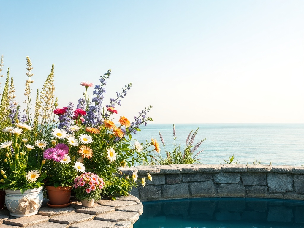 Цветы на каменной стенке, рядом с бассейном, с видом на спокойное море и ясное небо.