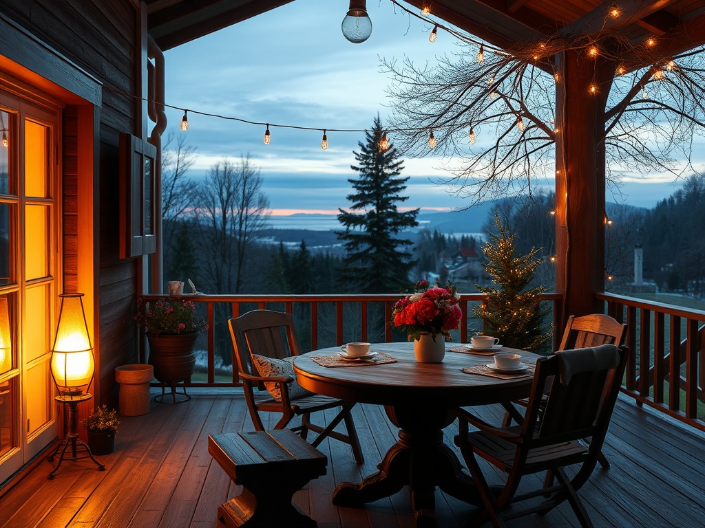 Уютная веранда с освещенной мебелью, цветами и панорамным видом на лес и вечернее небо.